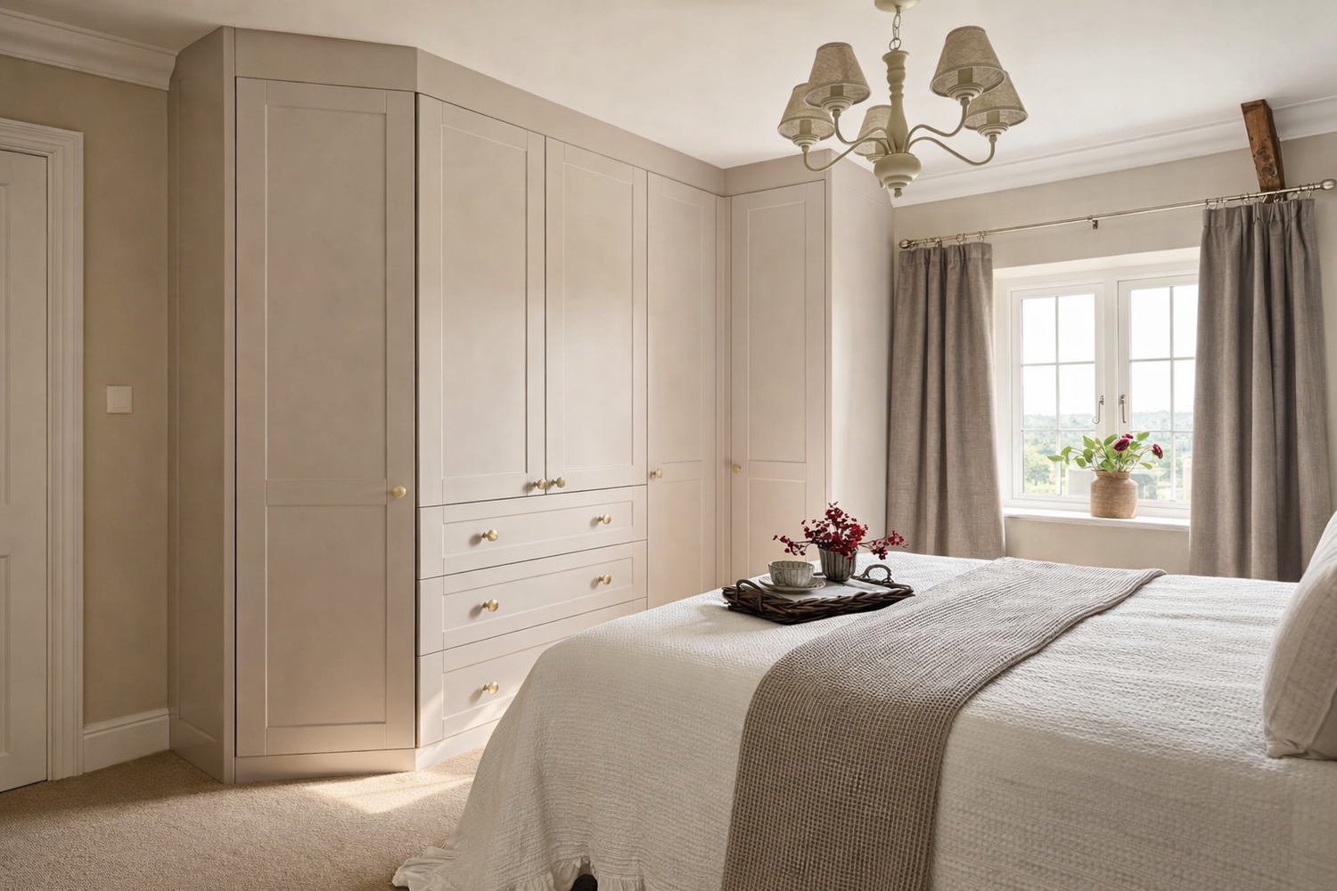 Warm neutral shaker fitted wardrobes in an elegant bedroom