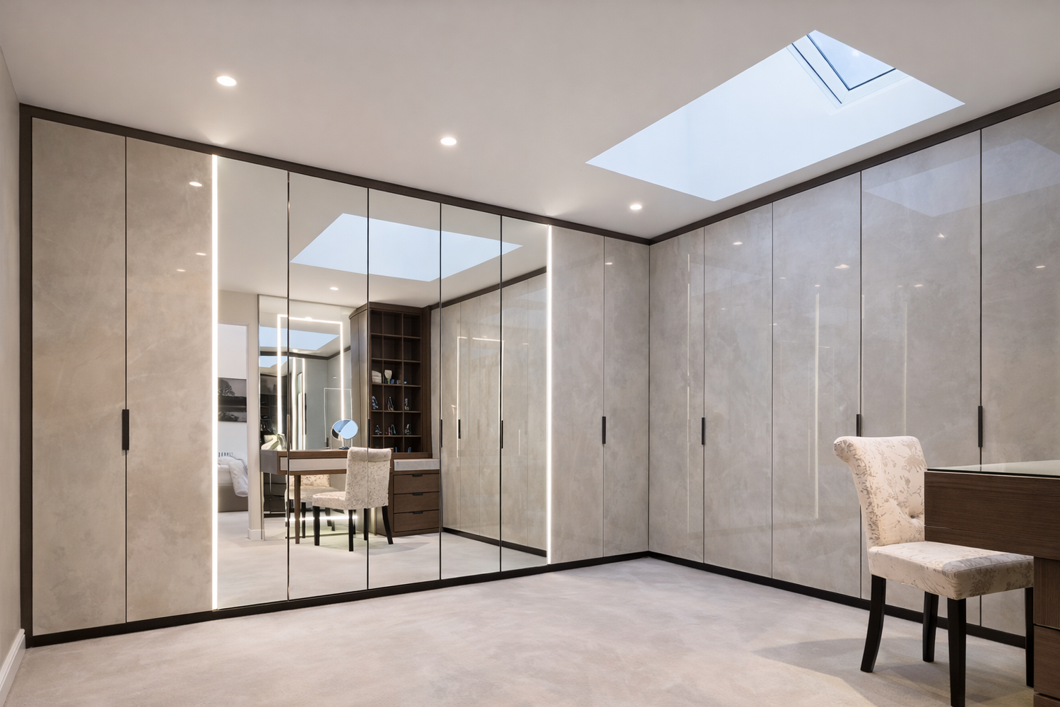 Luxury mirrored fitted wardrobes beneath a sloped ceiling